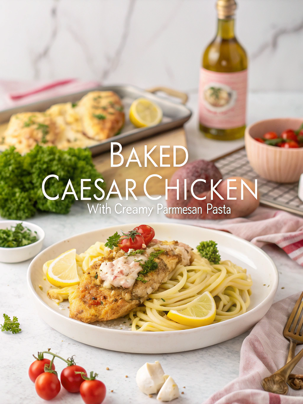 baked caesar chicken with a creamy parmesan pasta