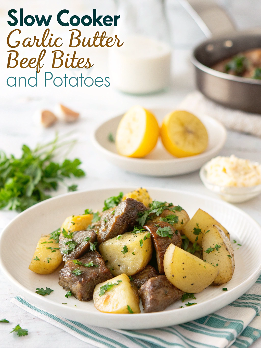 slow cooker garlic butter beef bites and potatoes