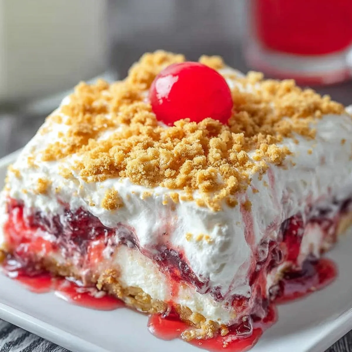 cherry yum yum recipe in glass baking dish